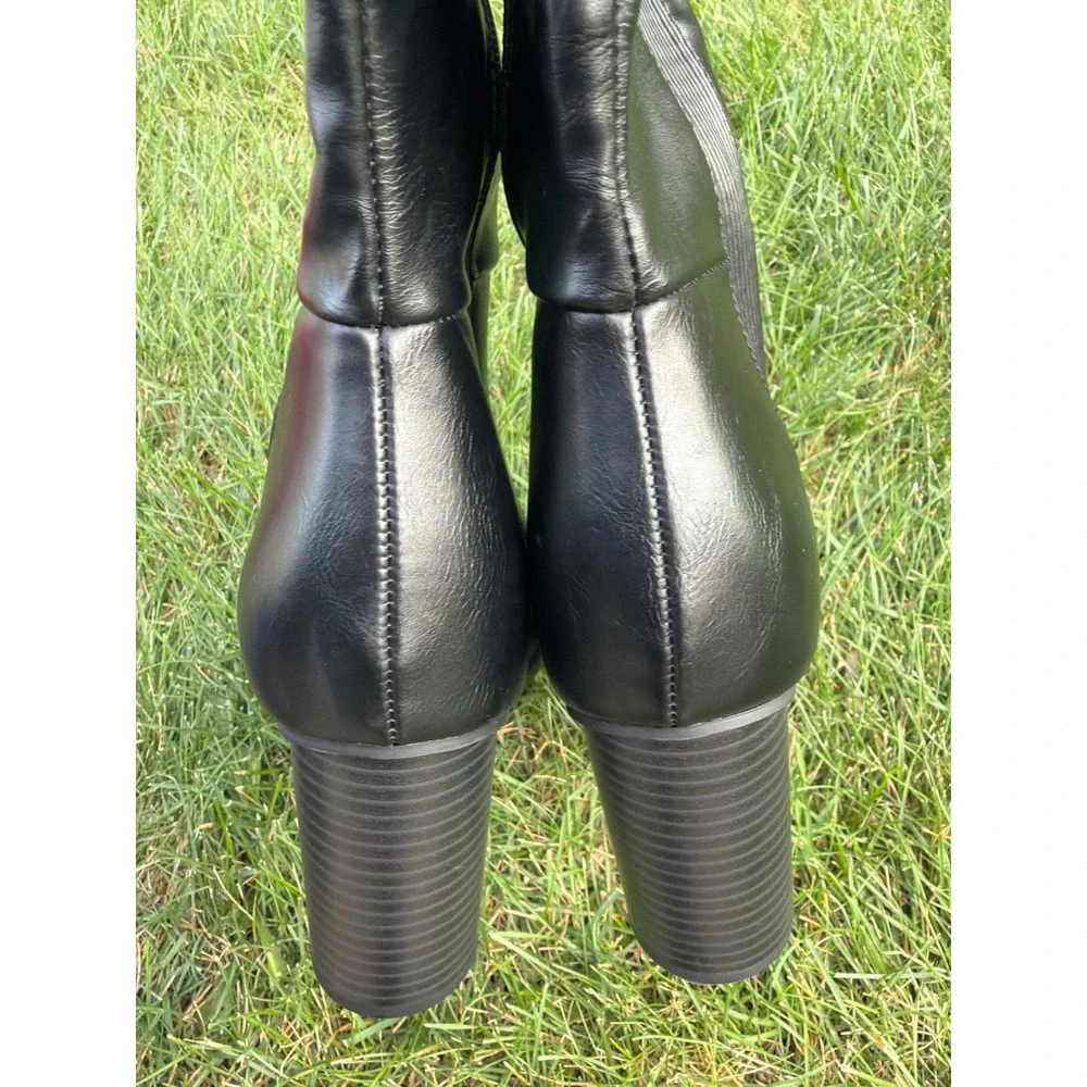 Shoedazzle Jodie Black Faux Leather thigh high Block Heel Moto Boots Womens 9.5